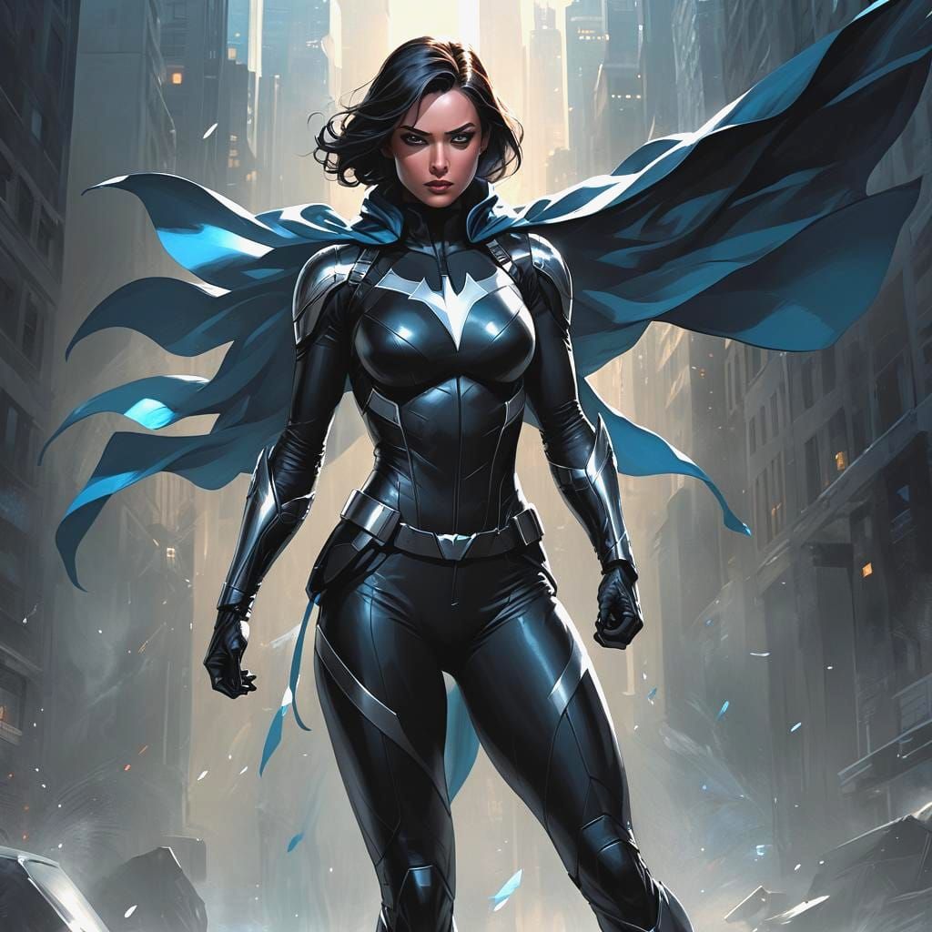Female Superhero in Shadow Suit with Silver Details