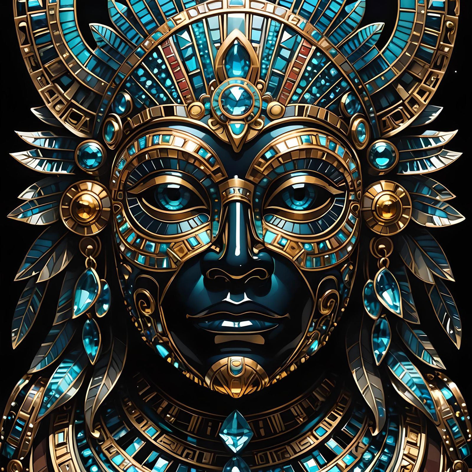 Luminous Aztec Mask in Art Deco Style