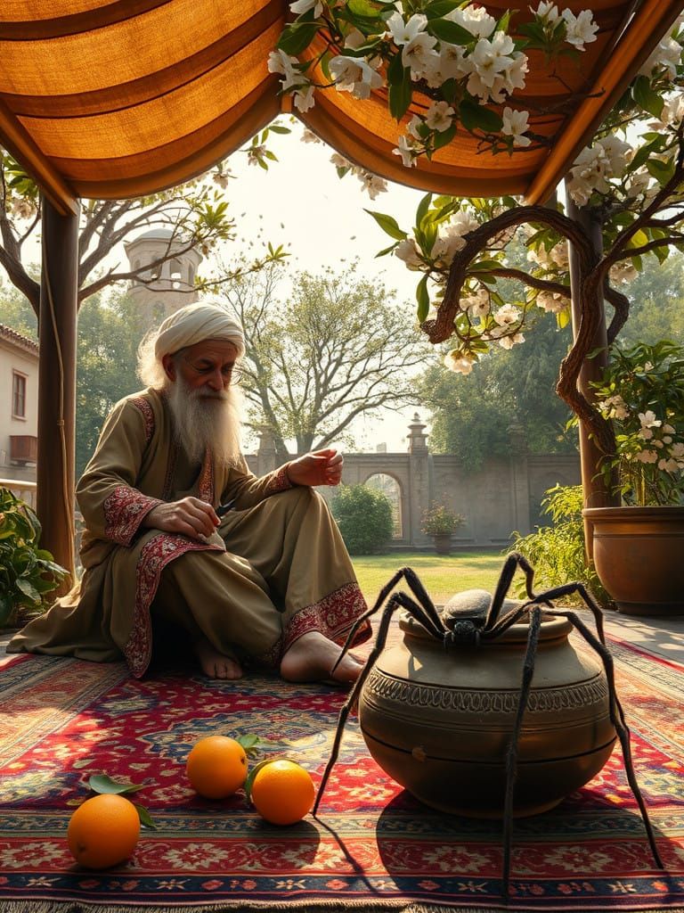 Elderly Mullah in Serene Garden Setting