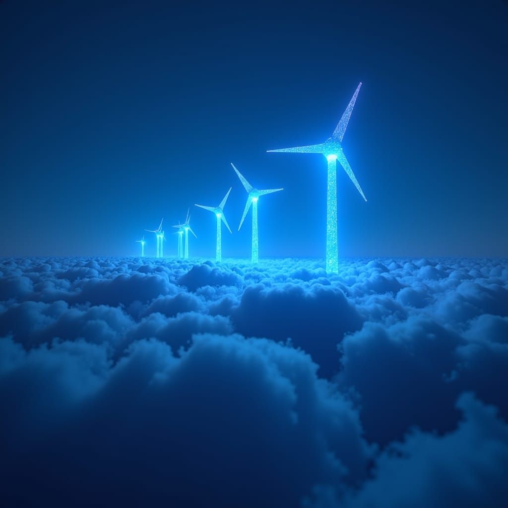 Glowing Blue Air Turbines in Hyperrealistic Landscape