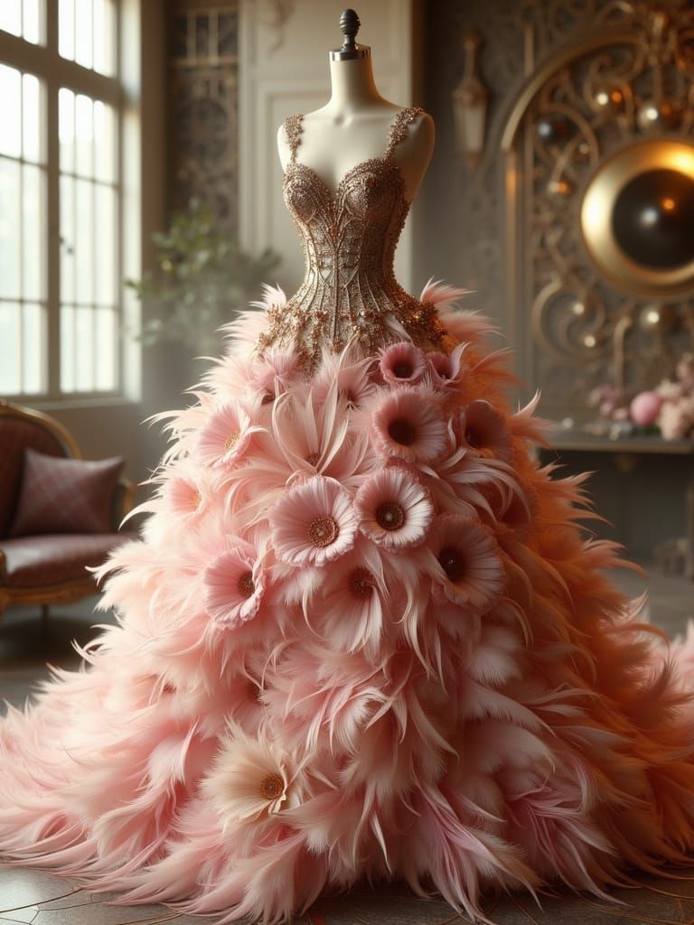 Parisian Couture Gown of Rose Petals and Feathers