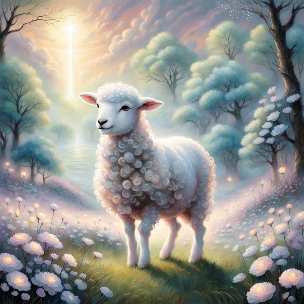 Nervous Lamb in Moonlit Meadow: Fantasy Digital Art