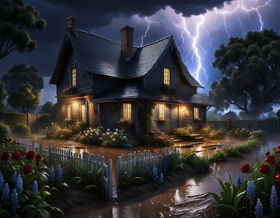 Torrential Rain Ravages Cottage Garden: Dark Fantasy Art