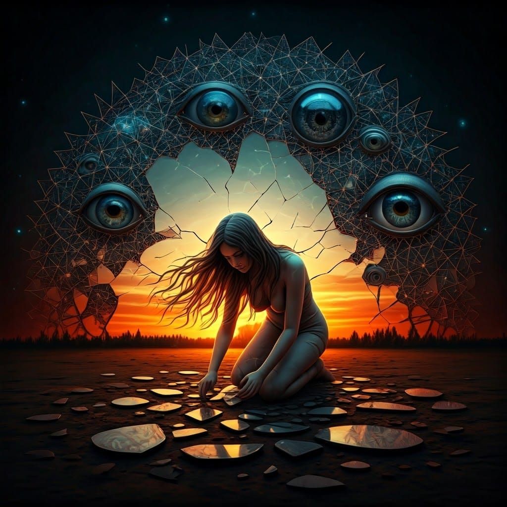 Surreal Fragmented Sculpture of Woman at Sunset