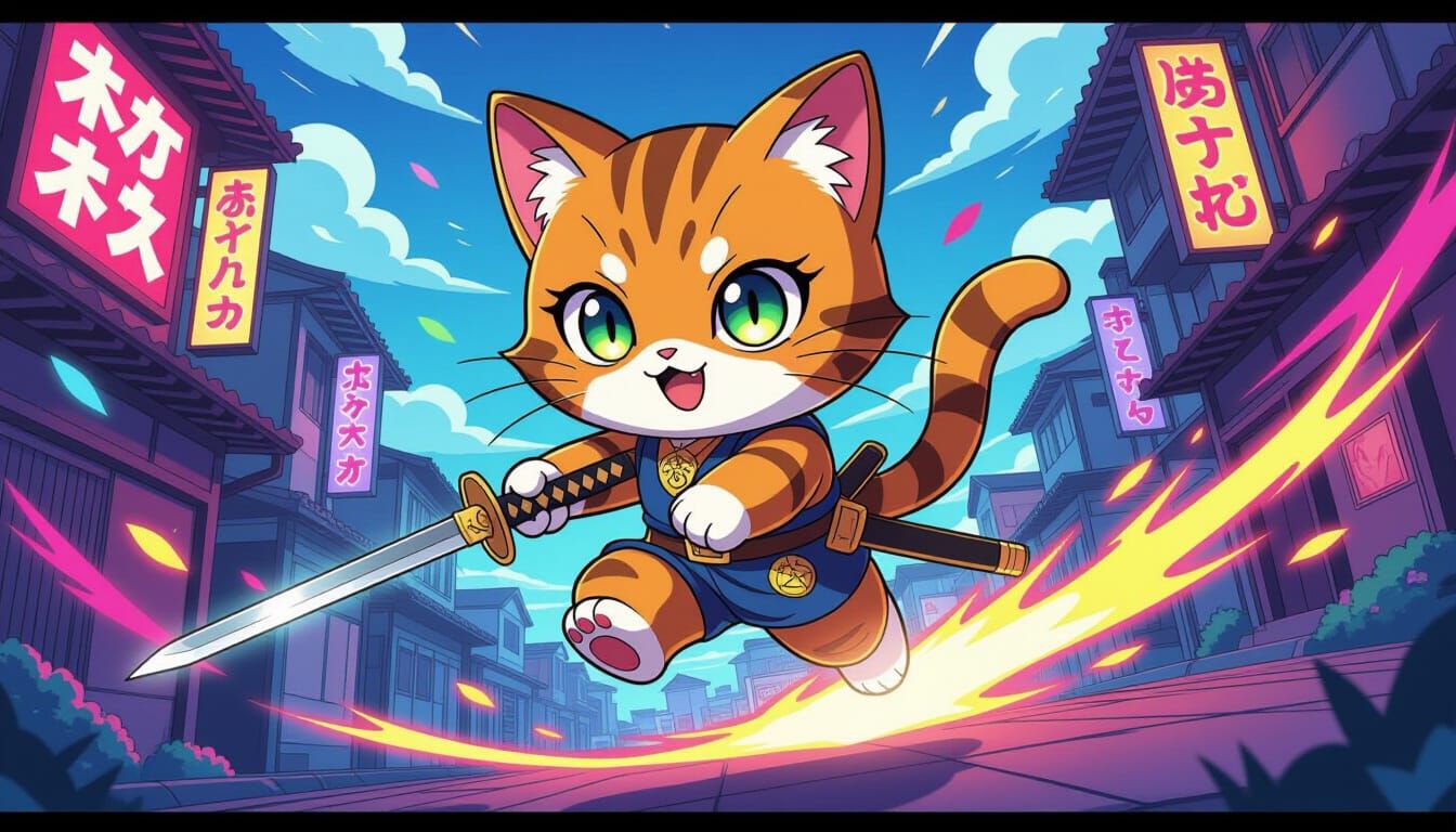Cute Anime Cat with Katana in JoJo Style