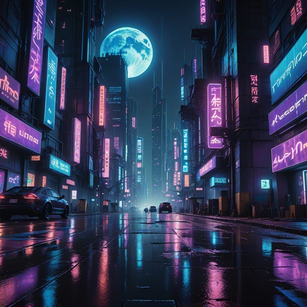 Cyberpunk Cityscape Under Full Moon