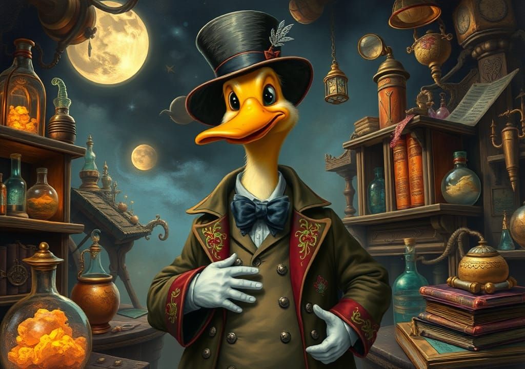 Duck Scientist in Fairytale Lab, Imaginative Realism Art