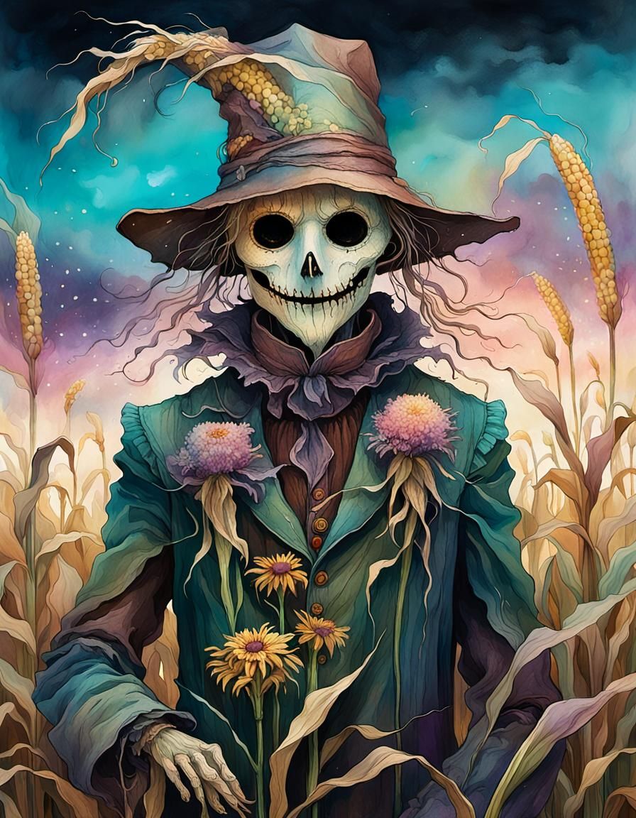 Eerie Scarecrow Portrait in a Dreamlike Cornfield
