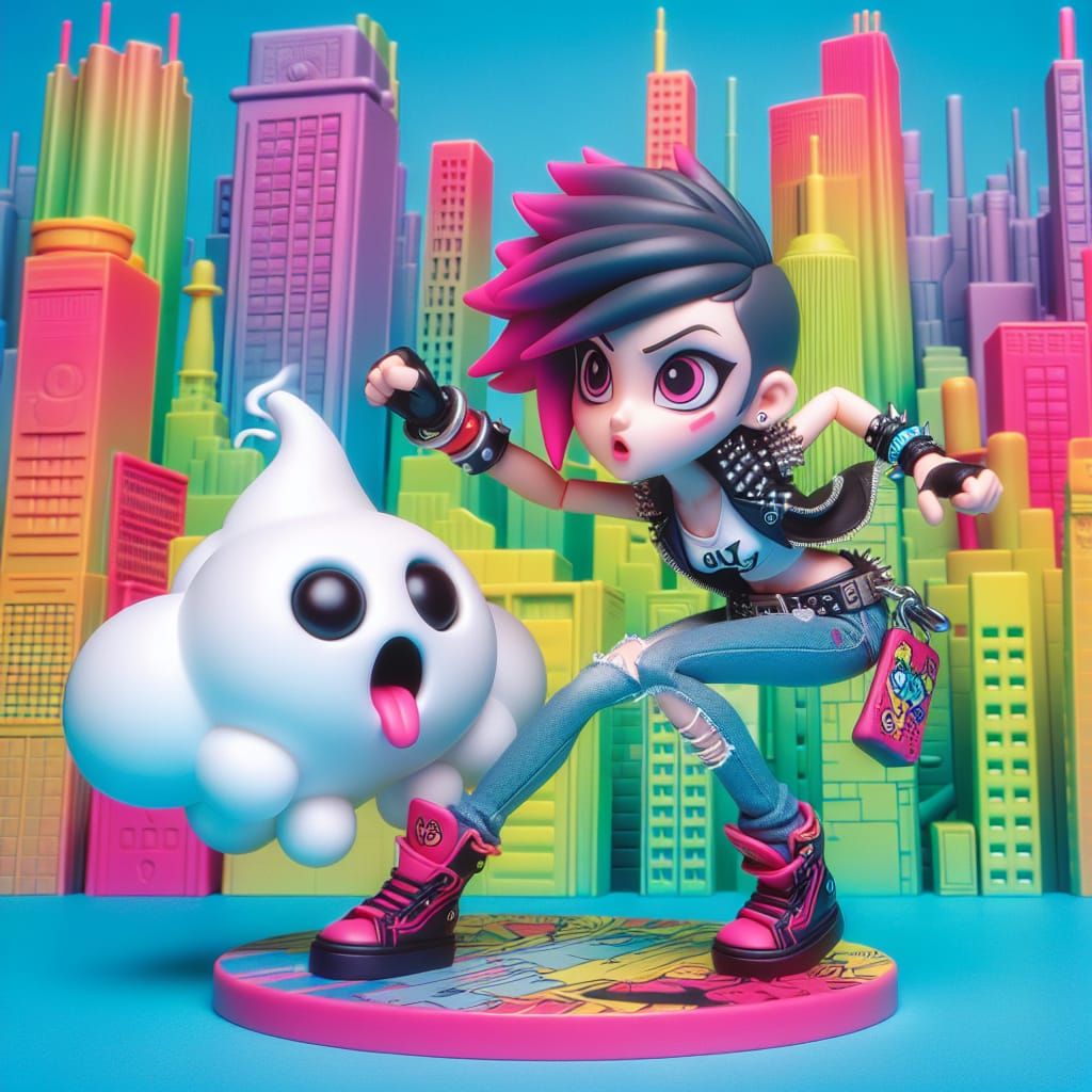 Dynamic Punk Girl & Quirky Cloud Companion in Whimsical City...