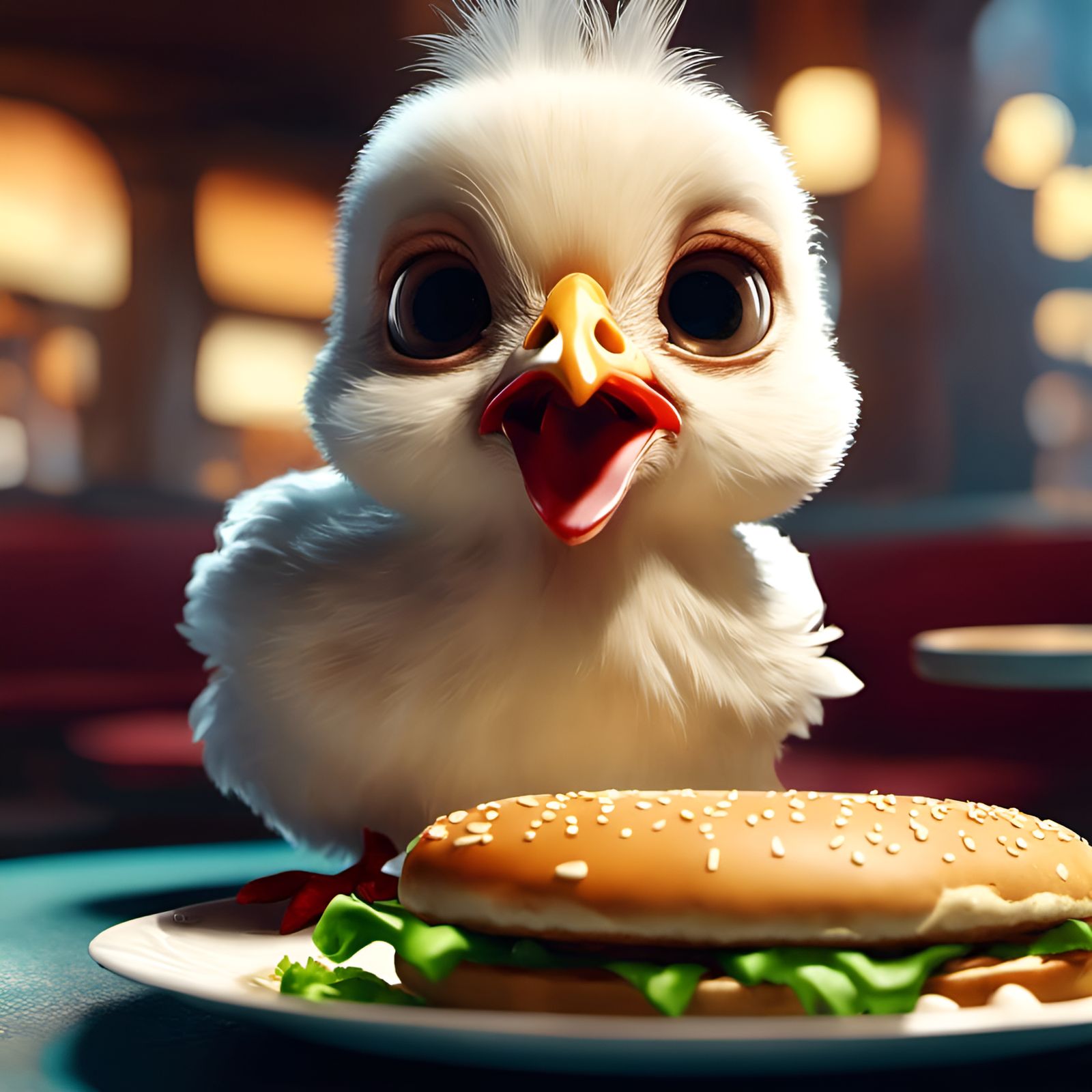 Chibi Chicken's Burger Feast: Detailed 3D Portrait