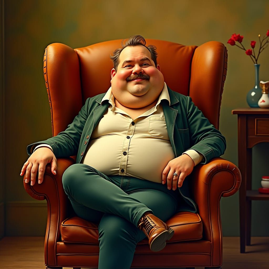 Stout Gentleman in Armchair: Whimsical Illustration