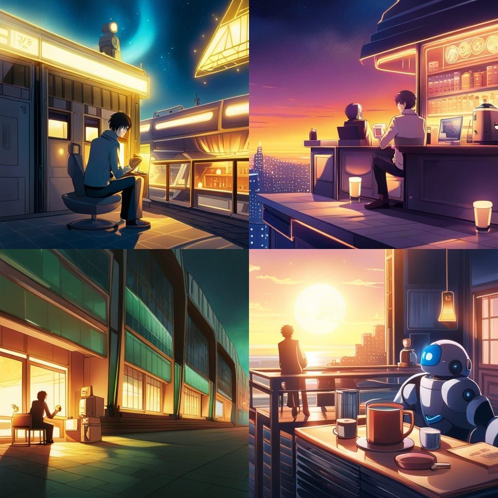 Robot and Man Share Coffee in Anime Style Cafe