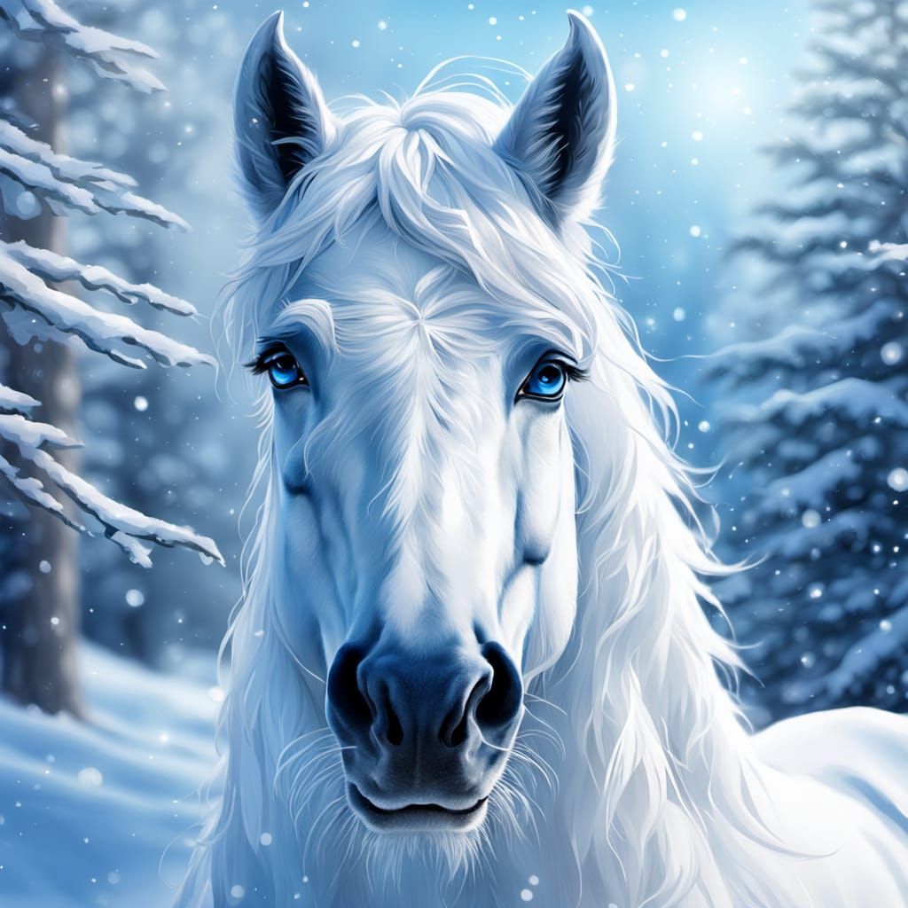 Elegant Snow Horse Portrait in Digital Painting Style