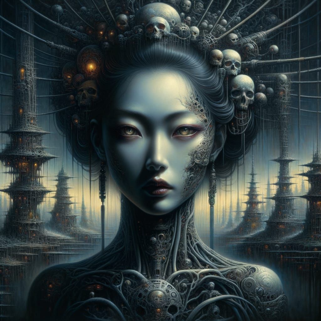 Gothic Sci-Fi Portrait of a Japanese Woman with Biomechanica...