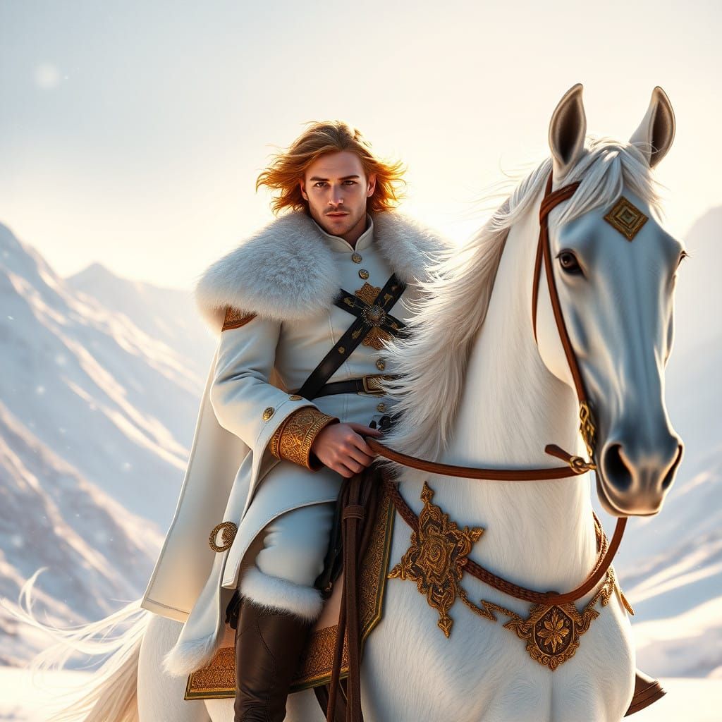 Regal Hero Rides Majestically Through Serene Snowy Landscape...