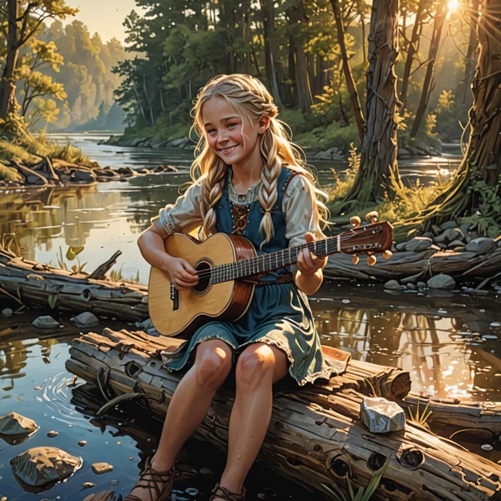 Girl Playing Banjo in Comic Book Style Art