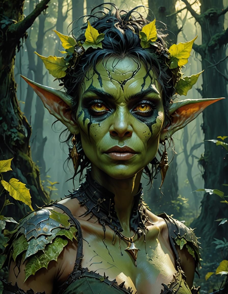 Fantasy Goblin Woman in Forest, Detailed Art