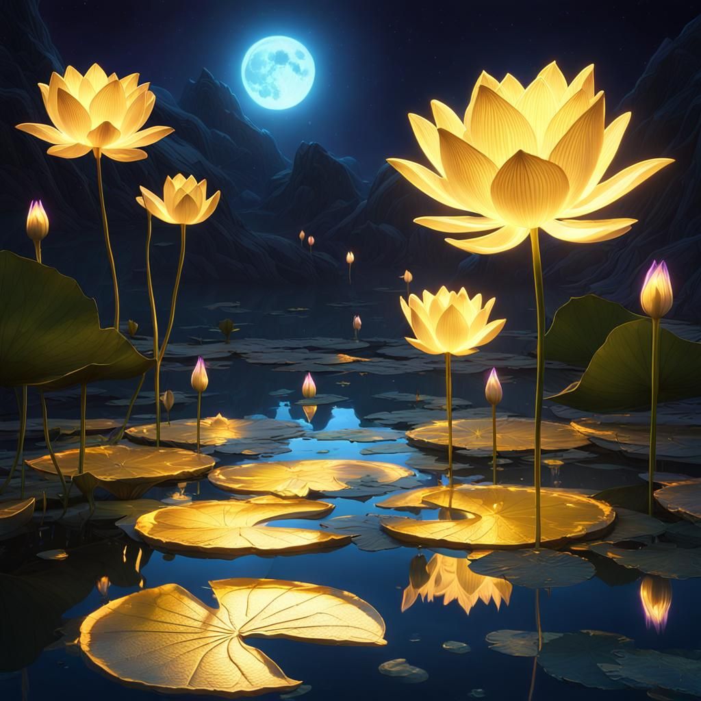 Glowing Gold Lotus in Moonlight: Fantasy Art
