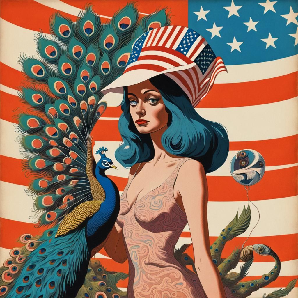 1970's cartoon album Art by Jan Fijnheer, surreal pop art, psychedelic , illustrative, collage, peacock, American flag, ...