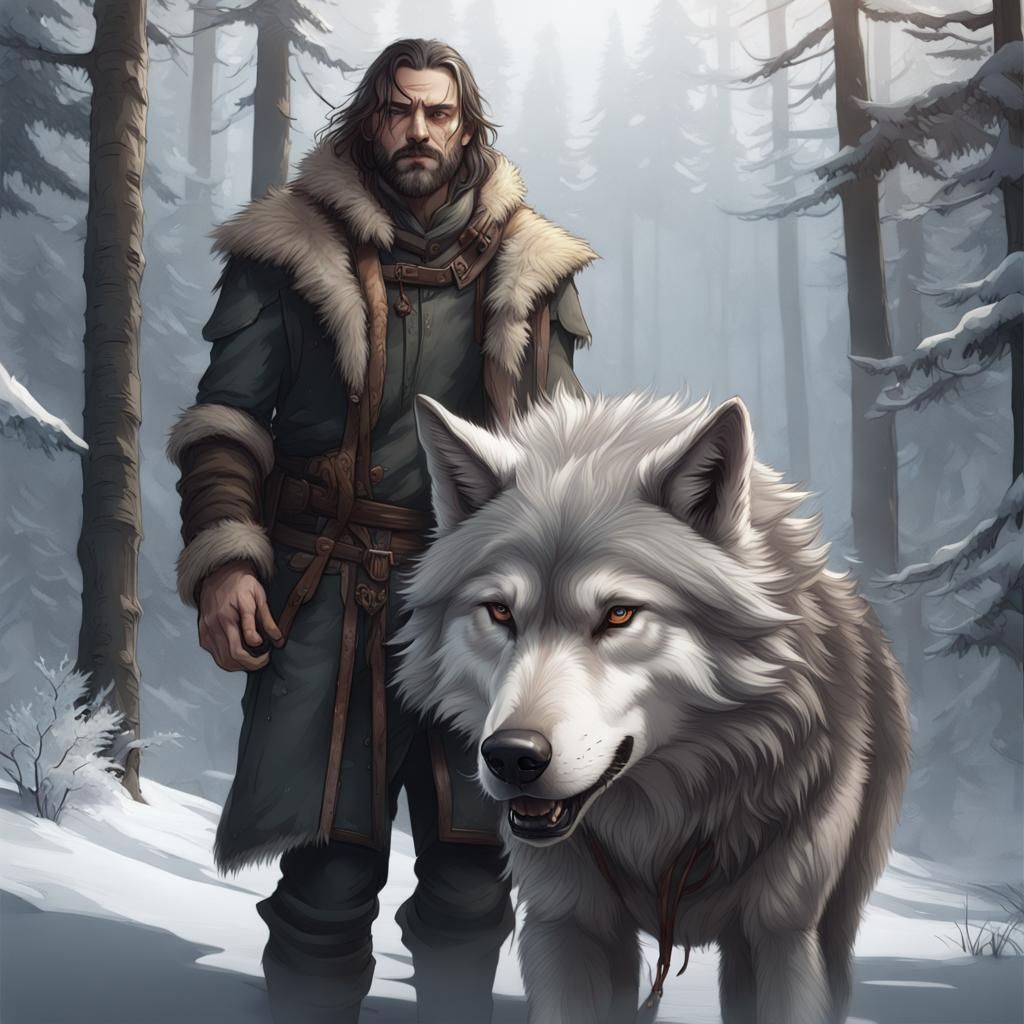 Man and Giant Wolf in Winter Forest