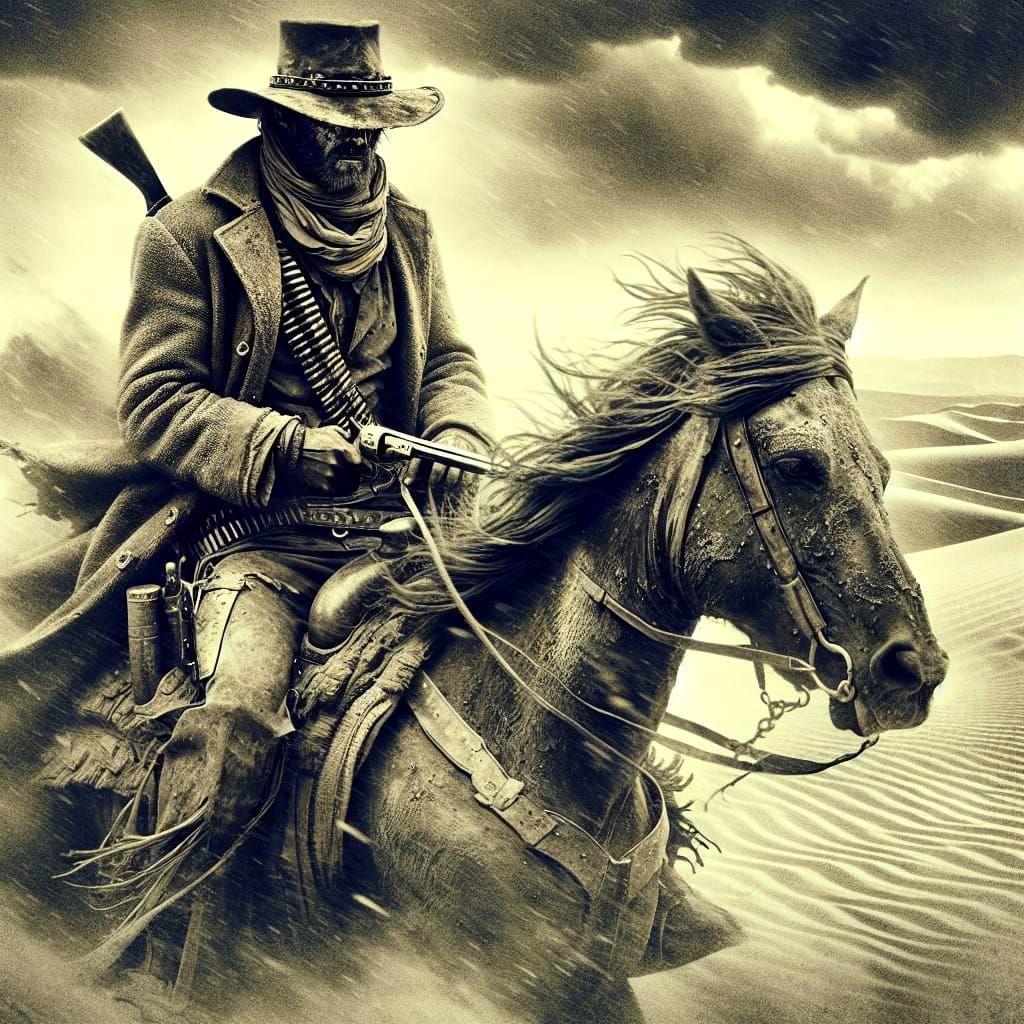 Sun-Baked Cowboy Rides Through Desolate Desert
