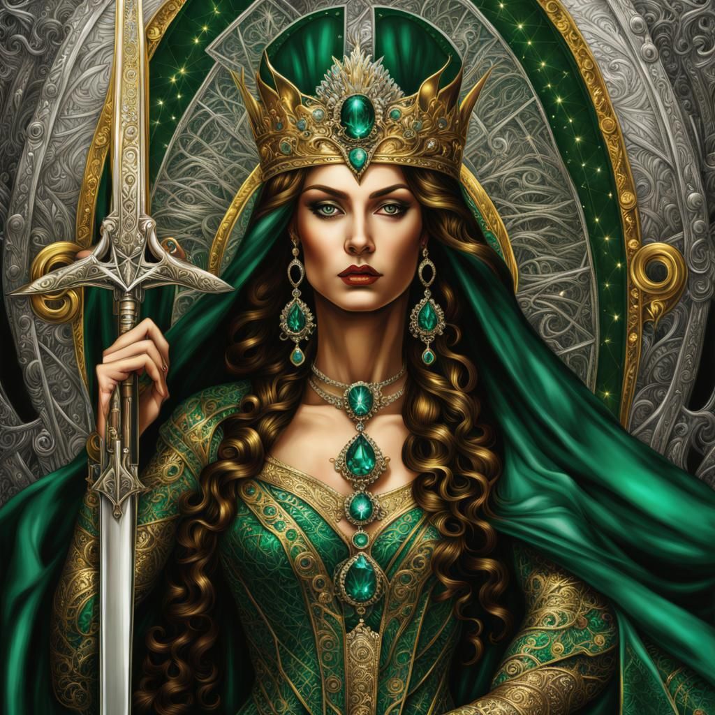 Mystic Queen with Sword on Throne in Pre-Raphaelite Style