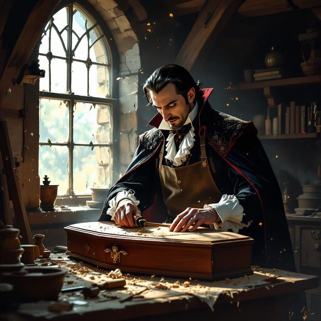 Dracula the Carpenter Sanding a Coffin in Gothic Style