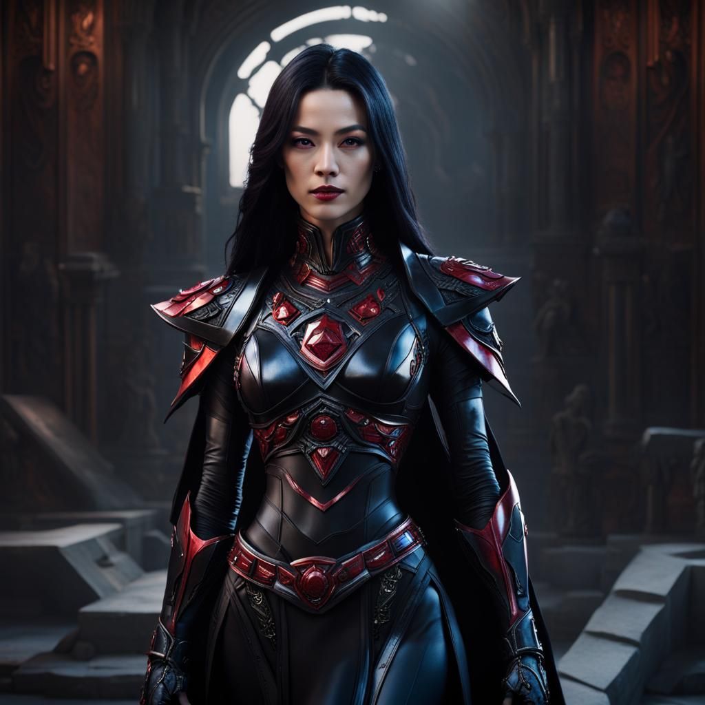 Woman in Crimson and Obsidian Gown, Hyperrealistic