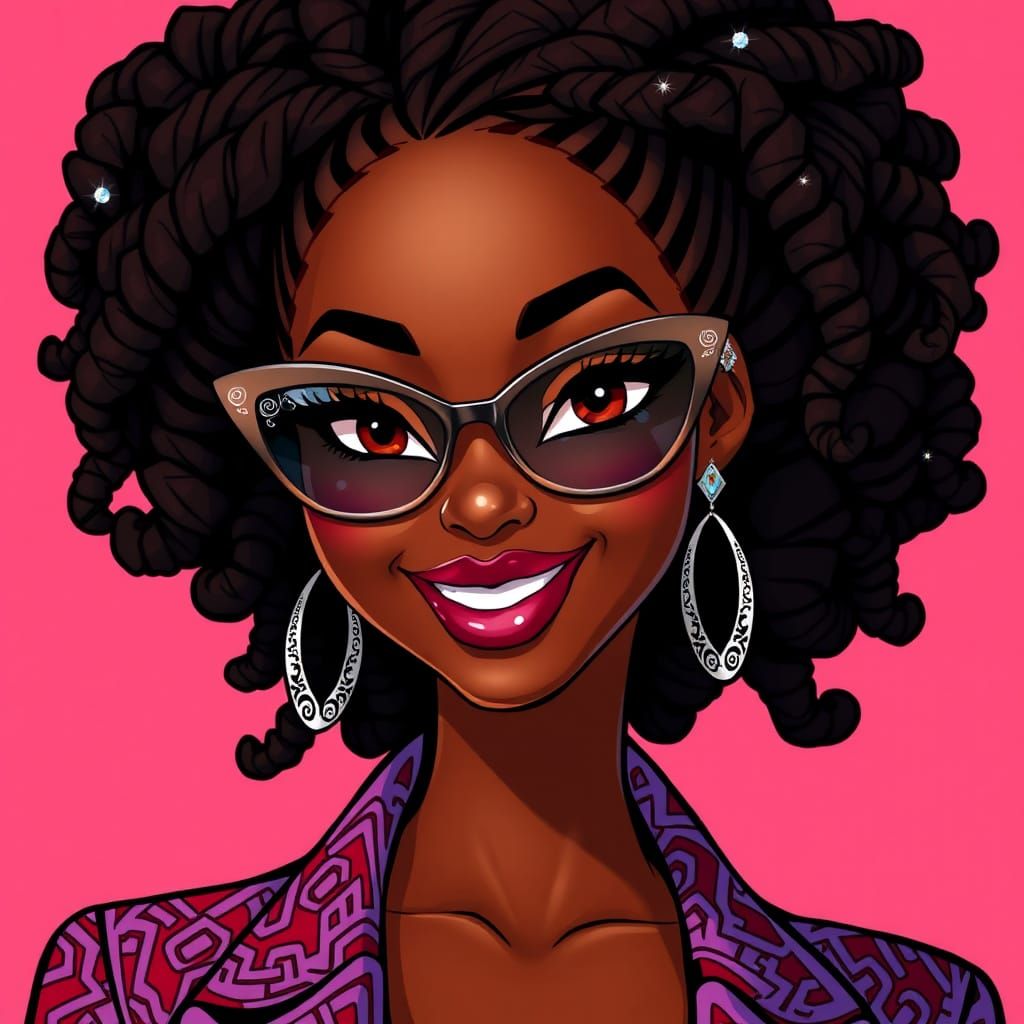 Animated Black Woman with Braids and Geometric Outfit