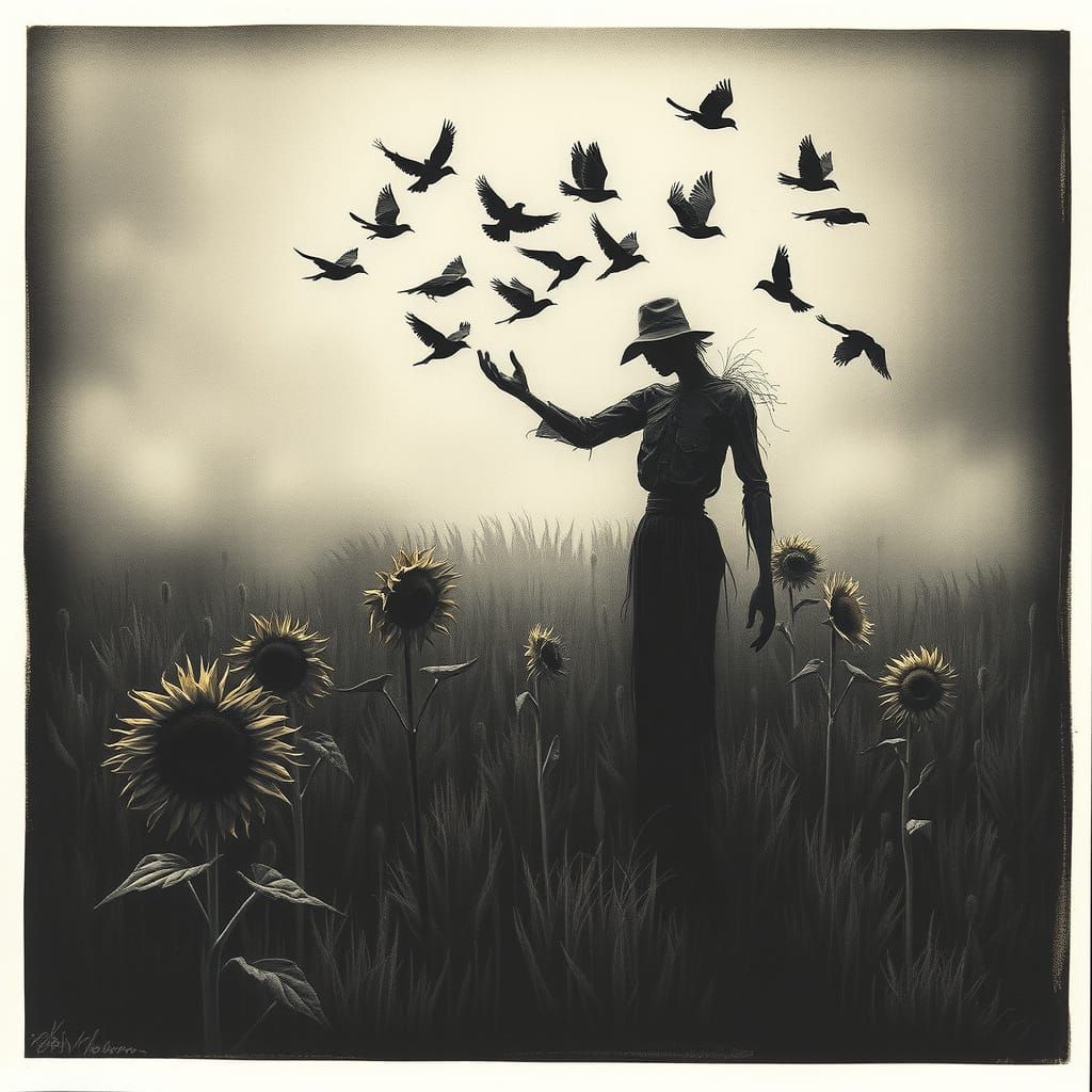 Eerie Scarecrow and Crows in Charcoal Drawing