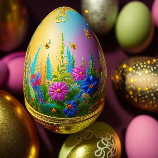 Sparkling Easter Eggs in Cosmic Nest, Digital Painting