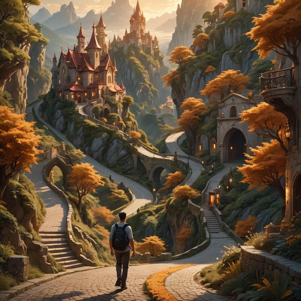 Person Walks Smiling: Fantasy Art Matte Painting