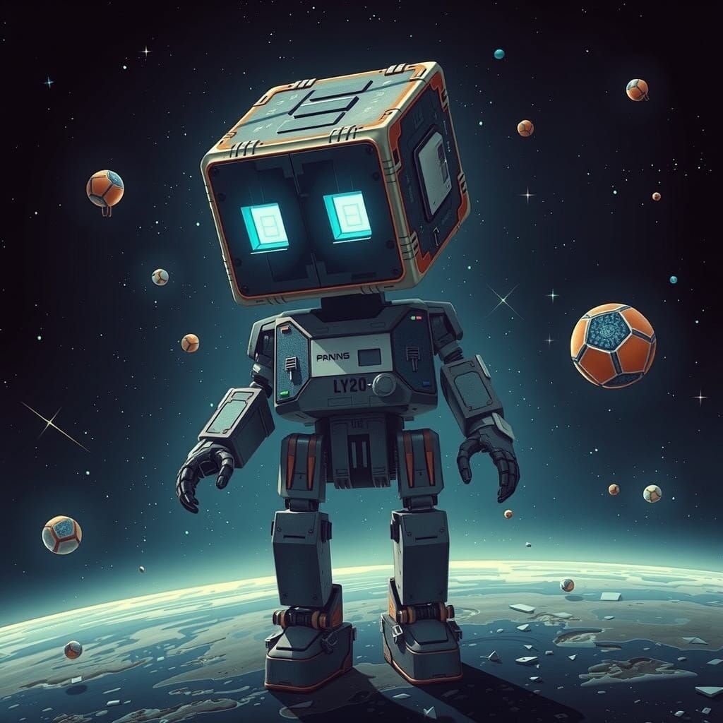 Fantasy Robot Amidst Asteroid Wreckage in Futuristic Space