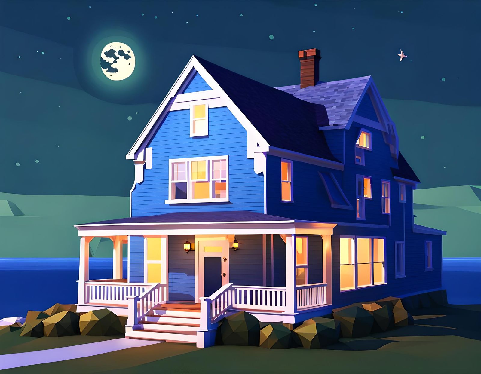 Low Poly Cape Cod Home Under Moonlight