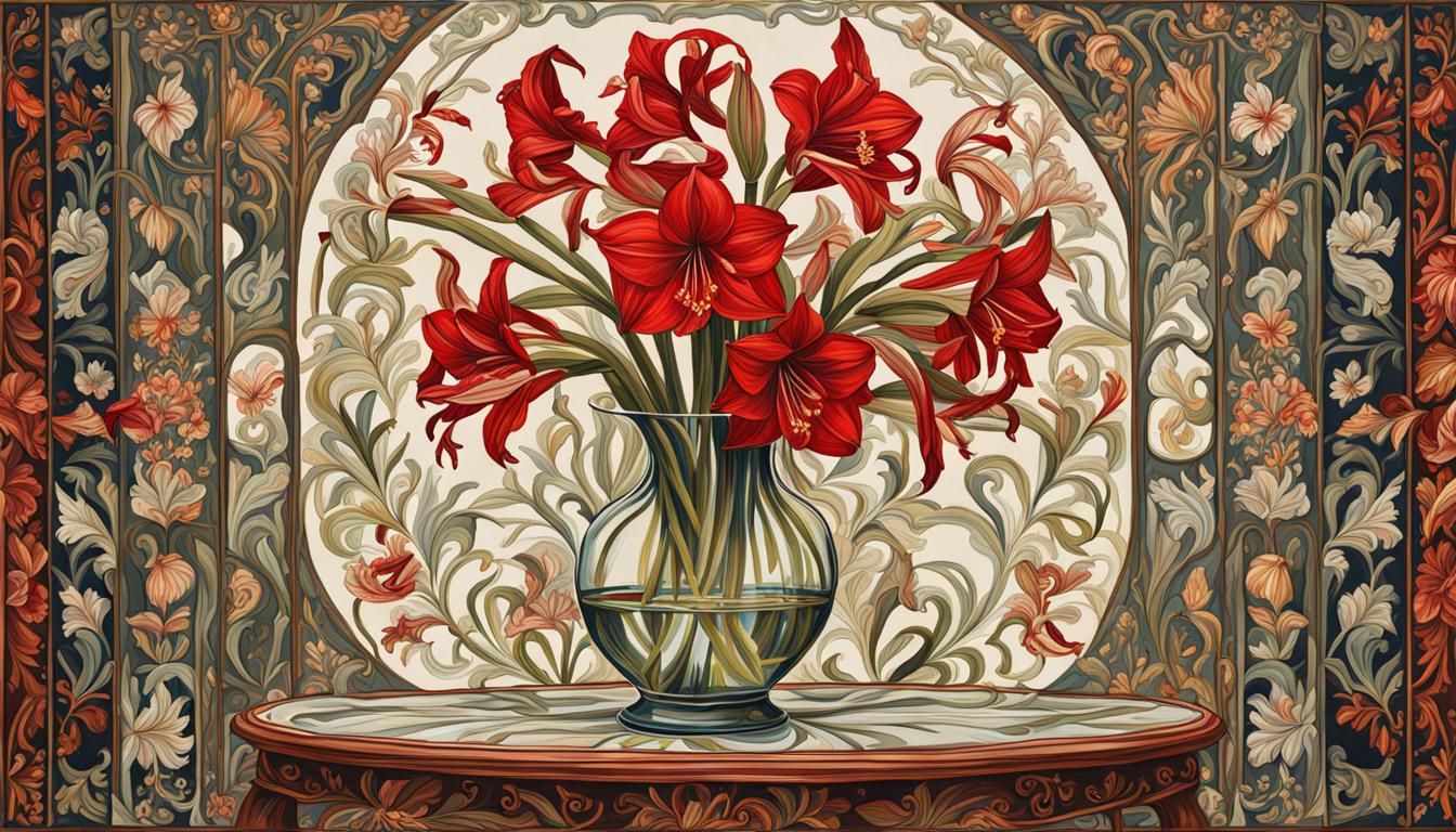 Amaryllis Flowers in Vase: Art Nouveau Gouache