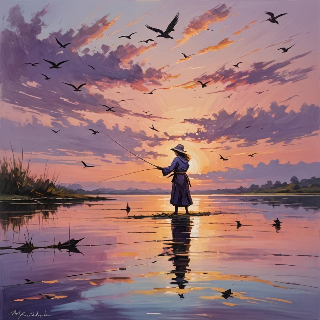 Fisher Lady at Sunset: Impressionistic Oil Painting