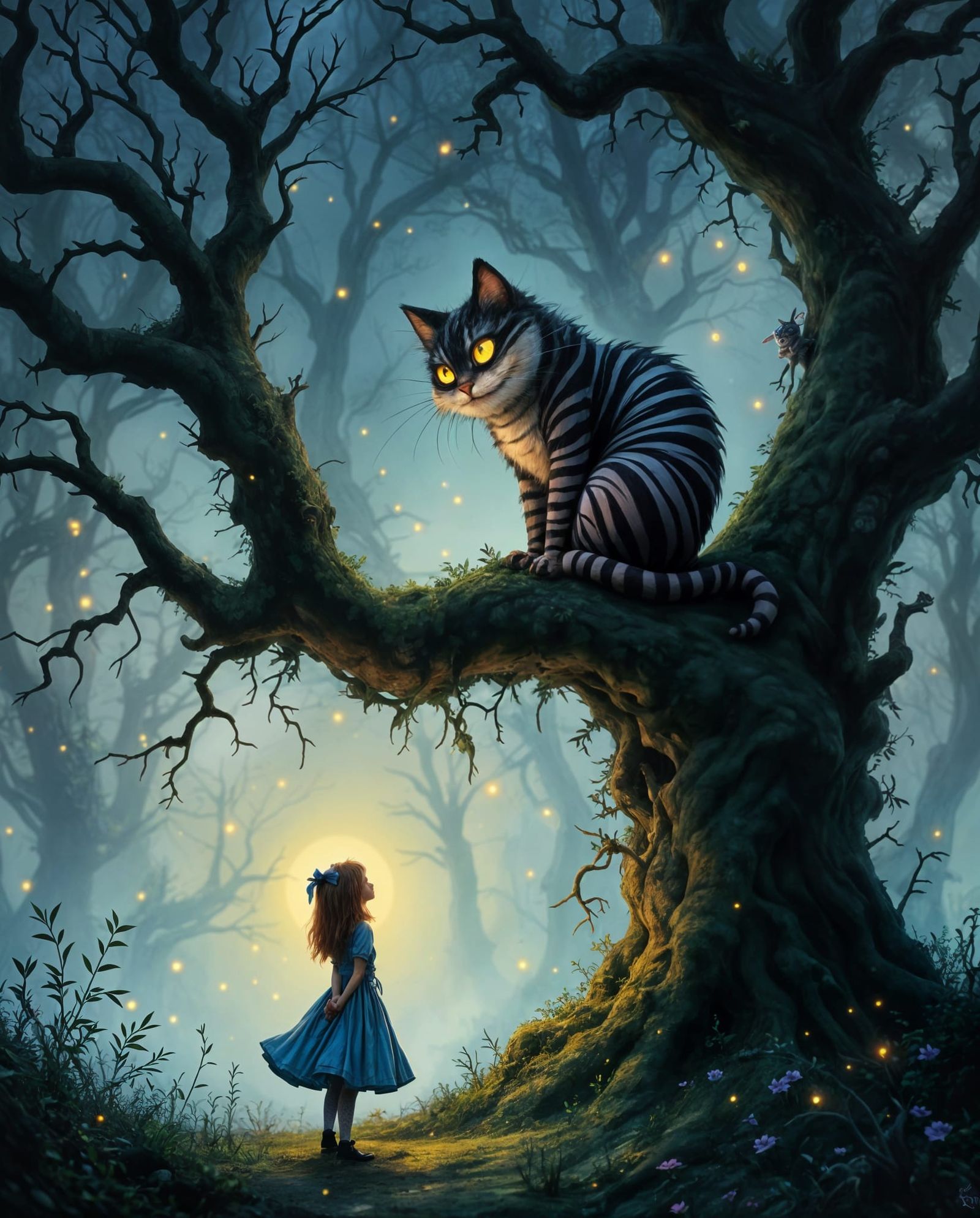 Whimsical Cheshire Cat in a Haunting Forest