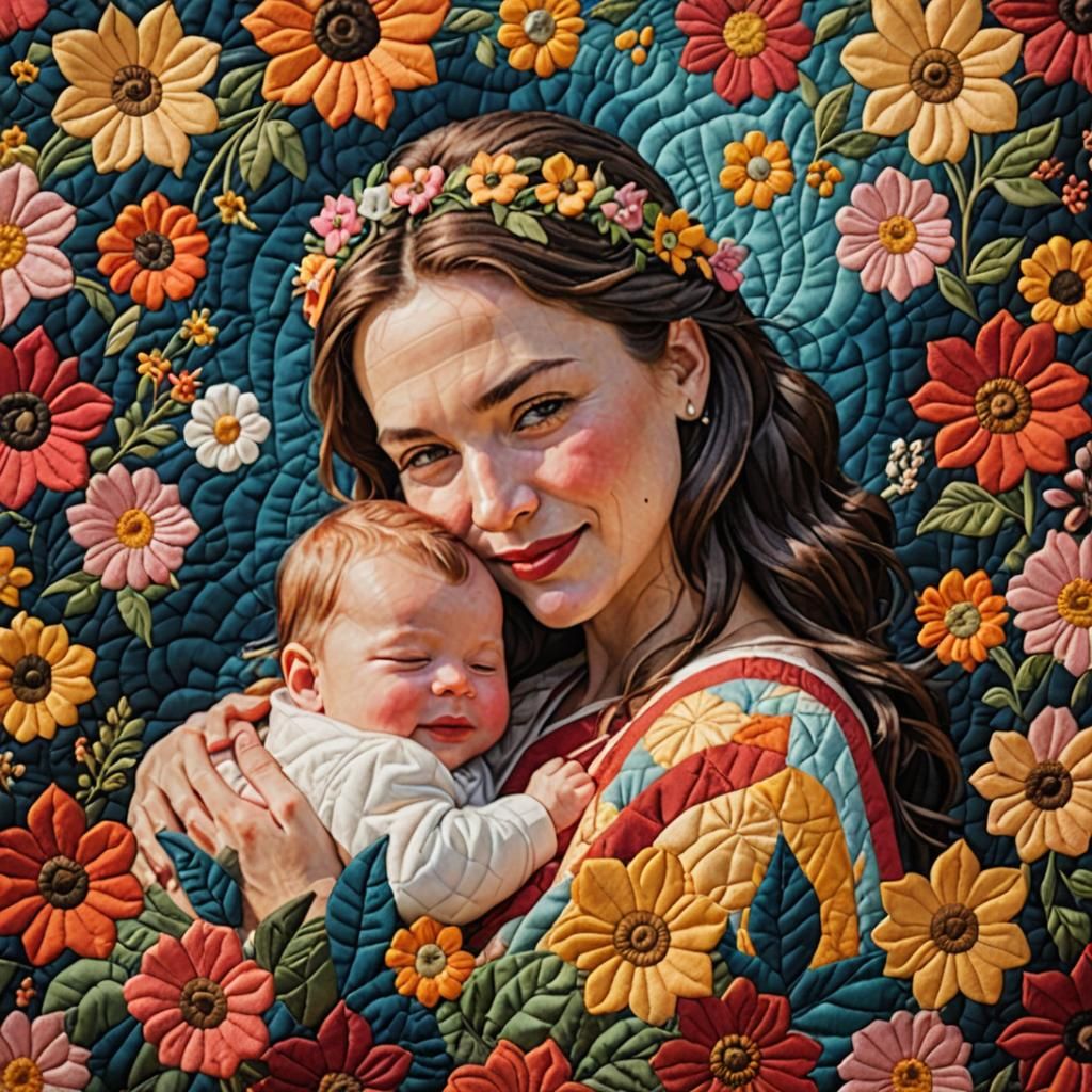 Quilted Tapestry of Mother and Baby