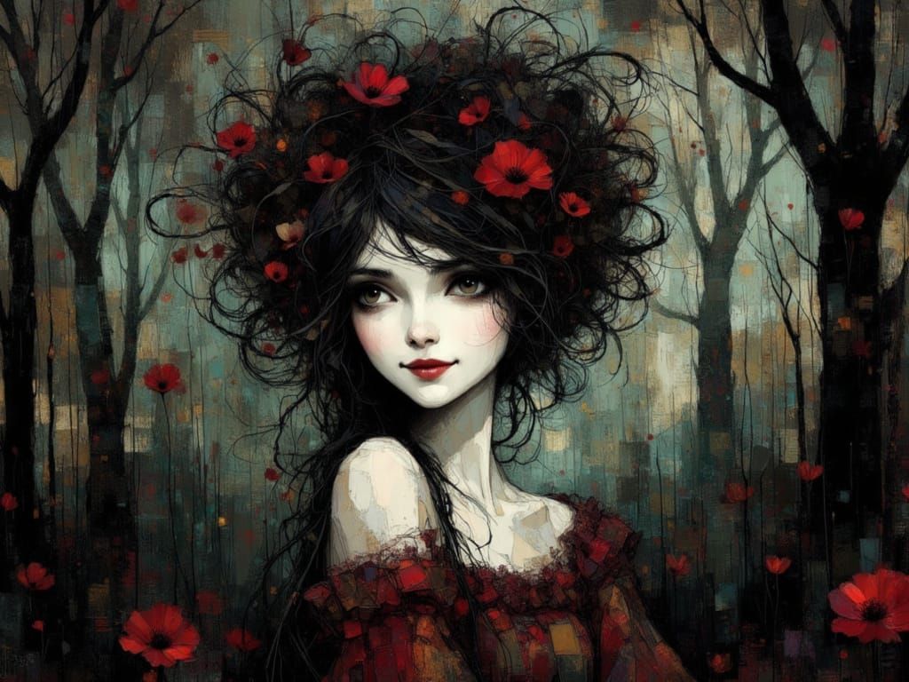 Gothic Woman in Dark Forest, Whimsical Ink Art