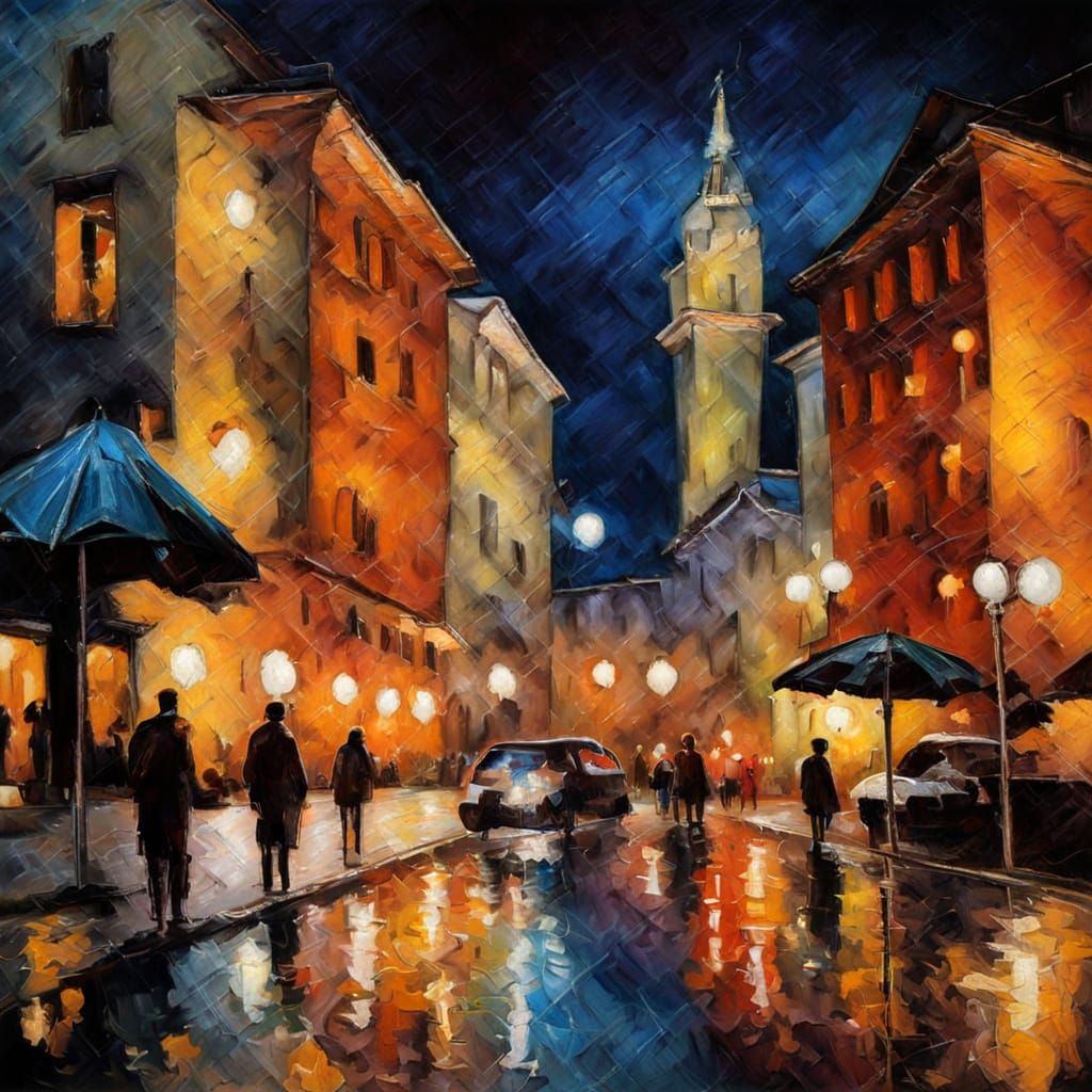 Cityscape Illuminated at Night as Oil Painting