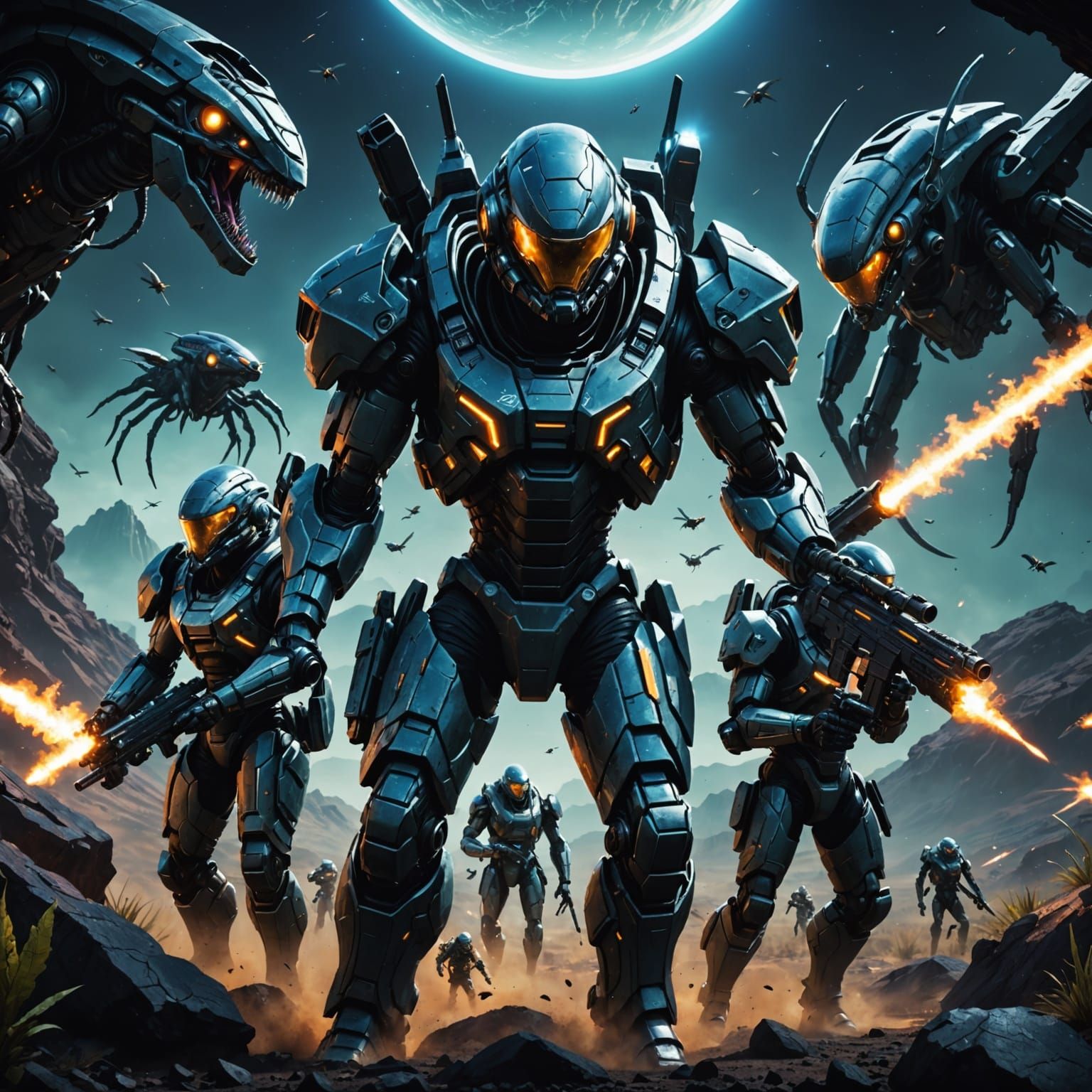 Futuristic Soldiers Hunting Worms on Alien Planet: Game Cove...