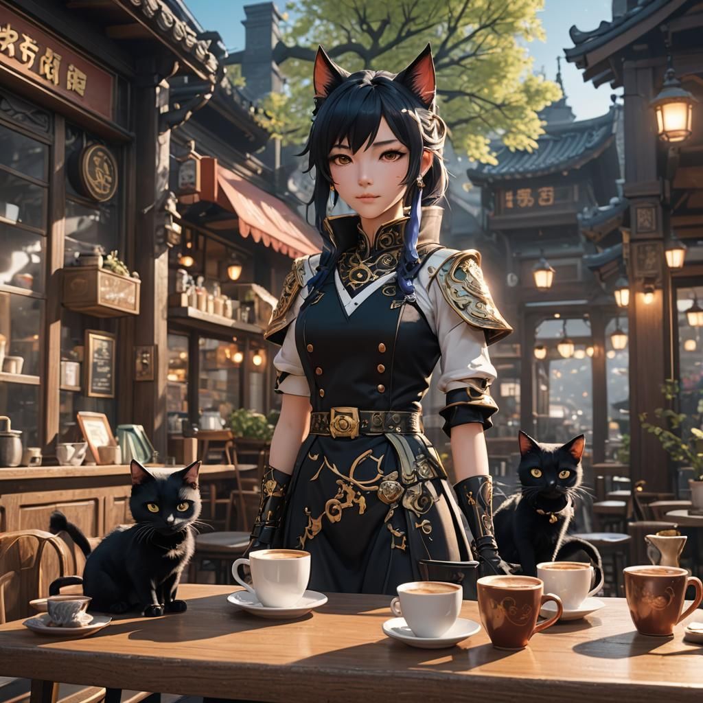 Hu Tao at Cafe with Cats: Detailed Matte Painting