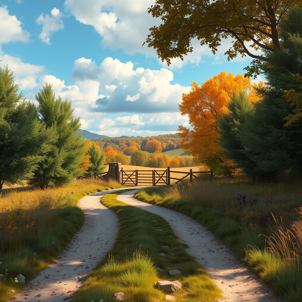 Summer to Autumn Landscape Transition with Rustic Gate