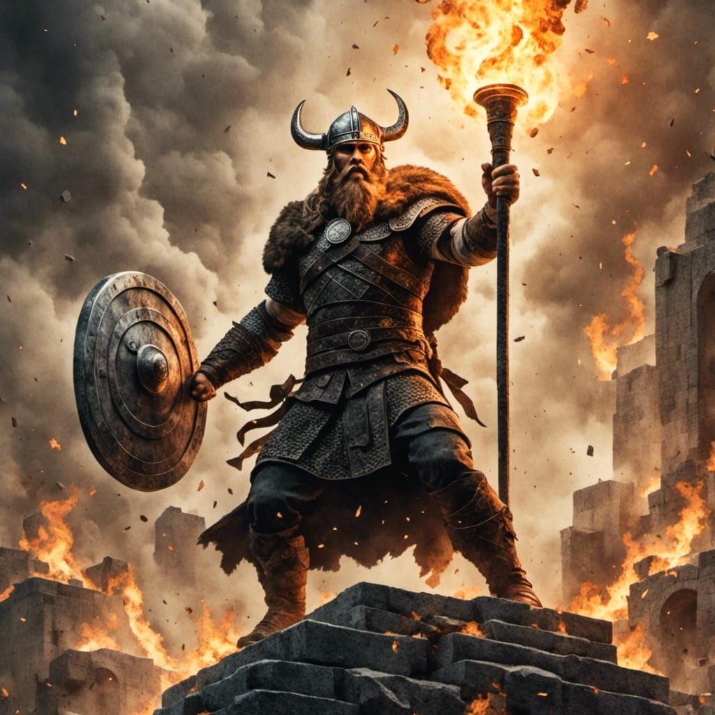 Viking Warrior Raises Torch in Burning Sculpture Style