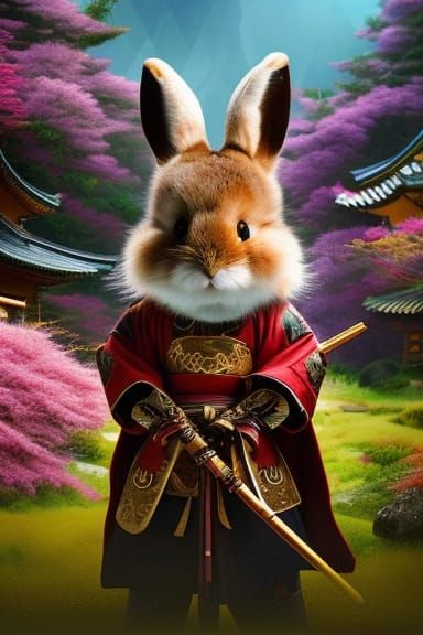 Rabbit Samurai in Bamboo Garden: Fantasycore Artwork