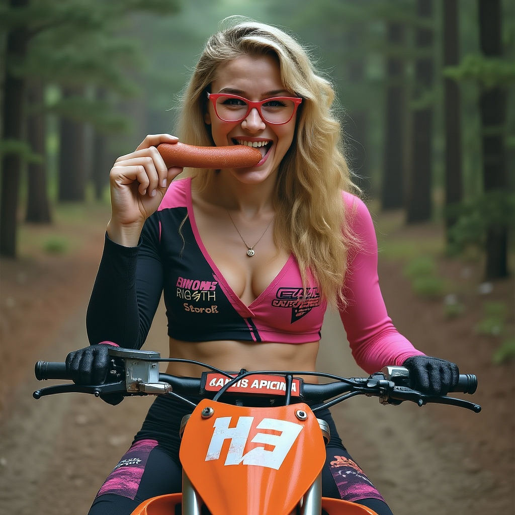 Woman with Dirt Bike and Sausage, Photorealistic Style