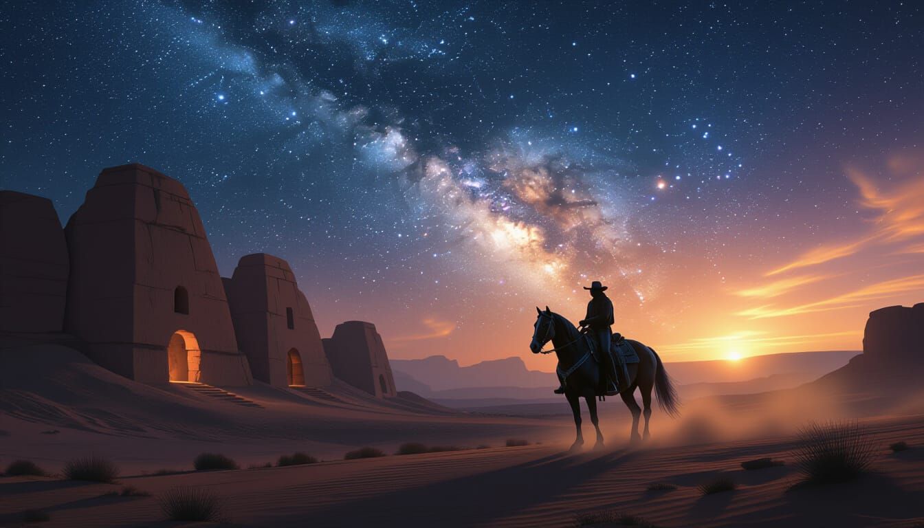 Lone Cowboy Rides Under Cosmic Desert Sky