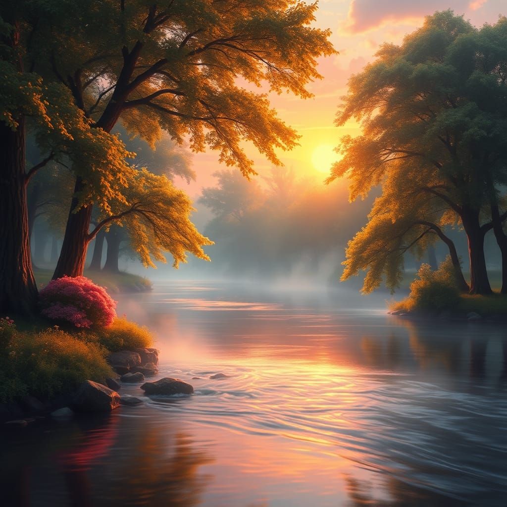 Tranquil River at Sunset in Dreamlike Landscape