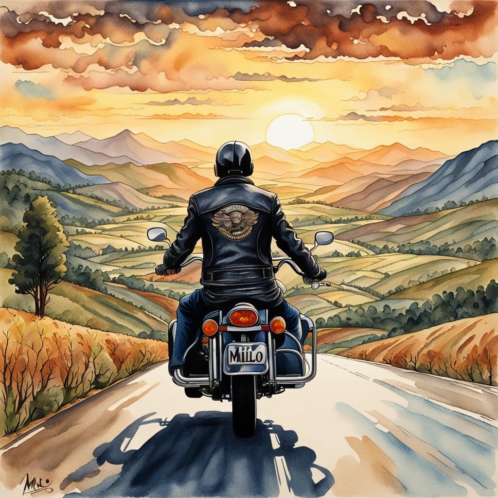 Motorcycle Ride at Sunset: Watercolor Painting