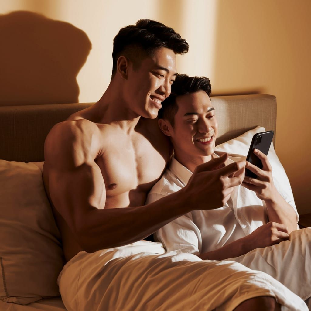 Two Handsome Asian Men Share a Tender Moment in a Cozy Bedro...